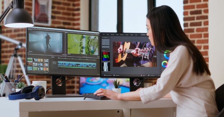 Home office dual monitor cable setup